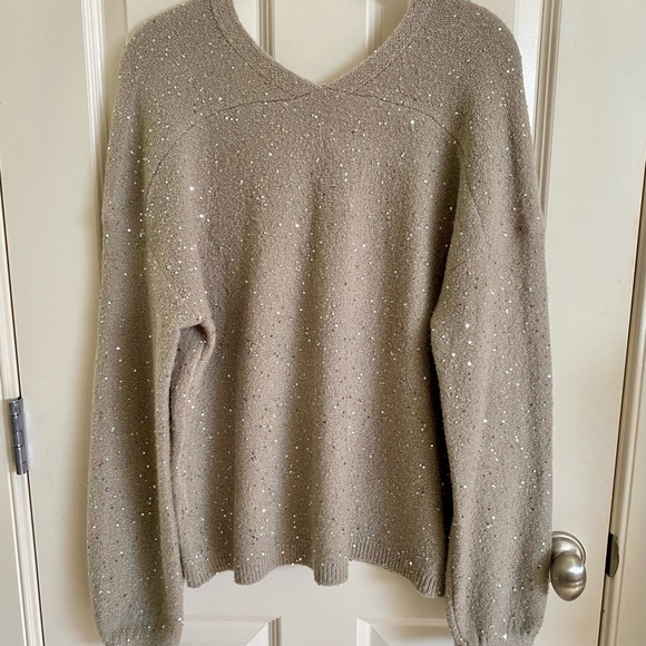 LOFT sparkle sweater in tan/beige with double V neckline. Size-Medium - Picture 3 of 5